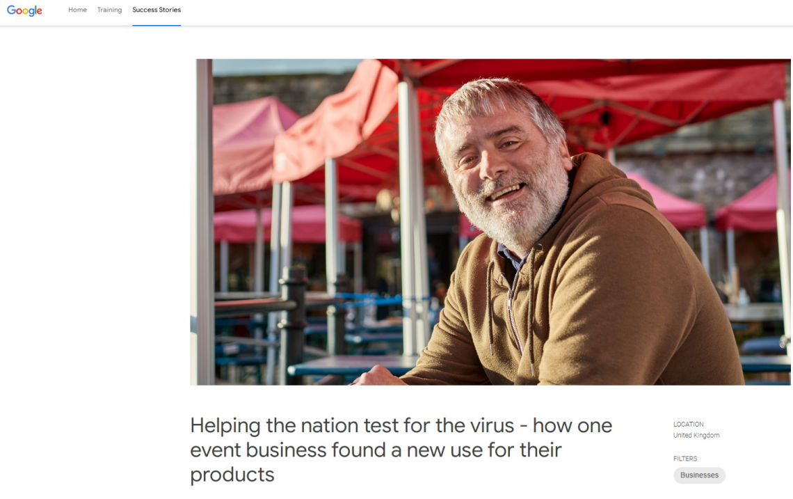 A Grow with Google article including a man in front of a pop-up gazebo