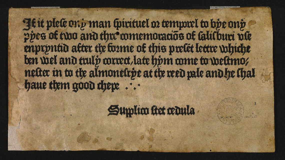 The oldest printed advertisement by William Caxton
