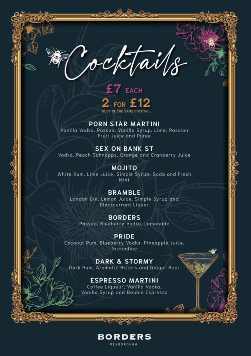 A blue cocktail menu with floral touches