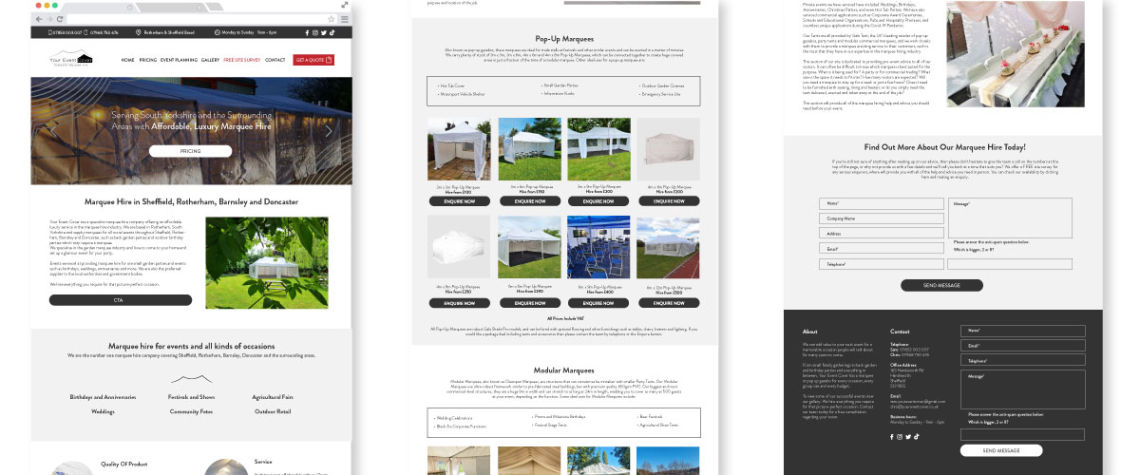 Website designs for a marquee hire brand