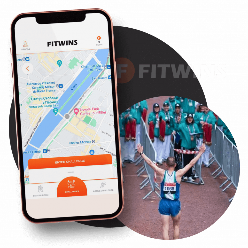 A screen shot of a smartphone image with a fitness app on it, with a circular image of a man celebrating at a marathon