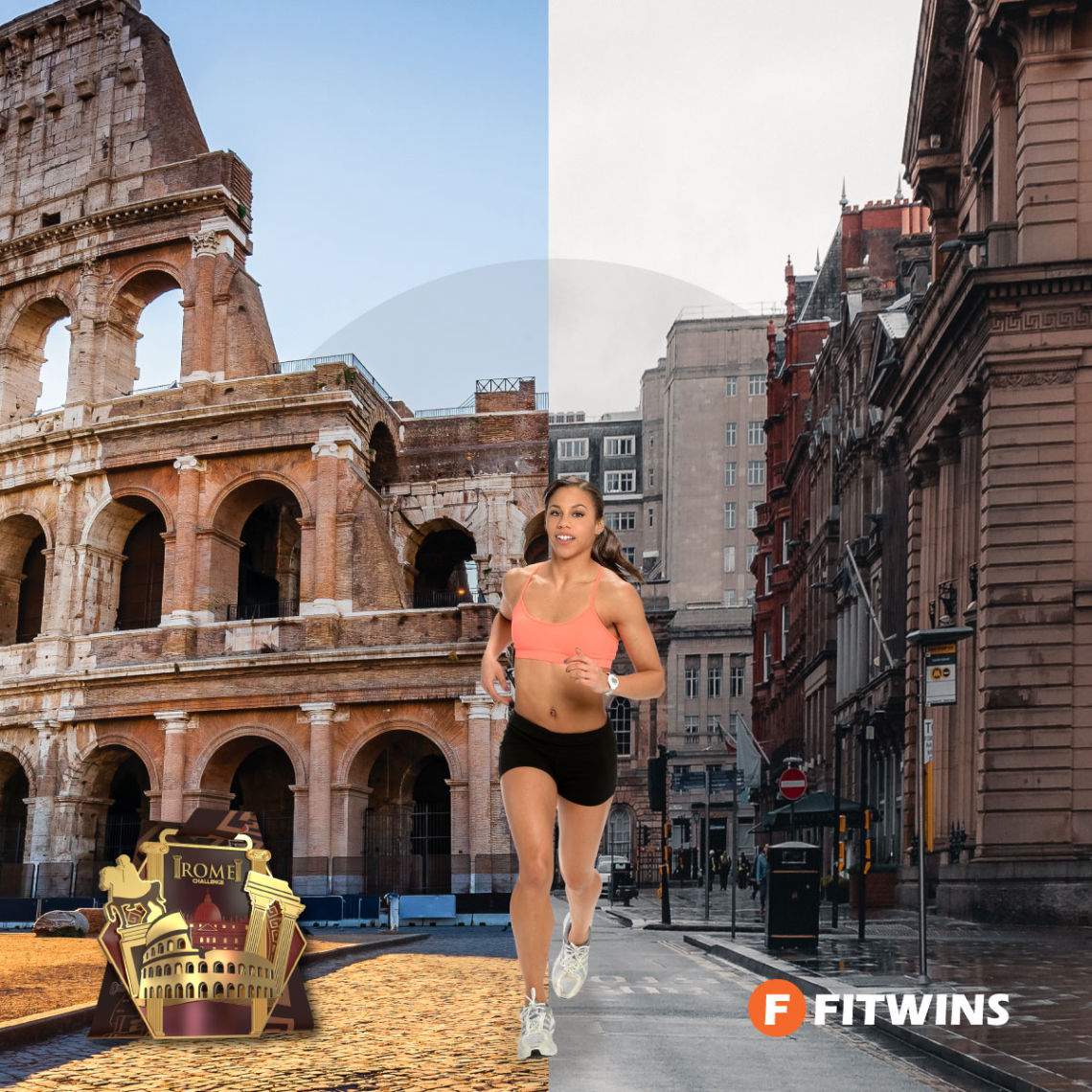 A split screen image with one half showing the Colosseum of Rome and a street, with a lady running along the centre
