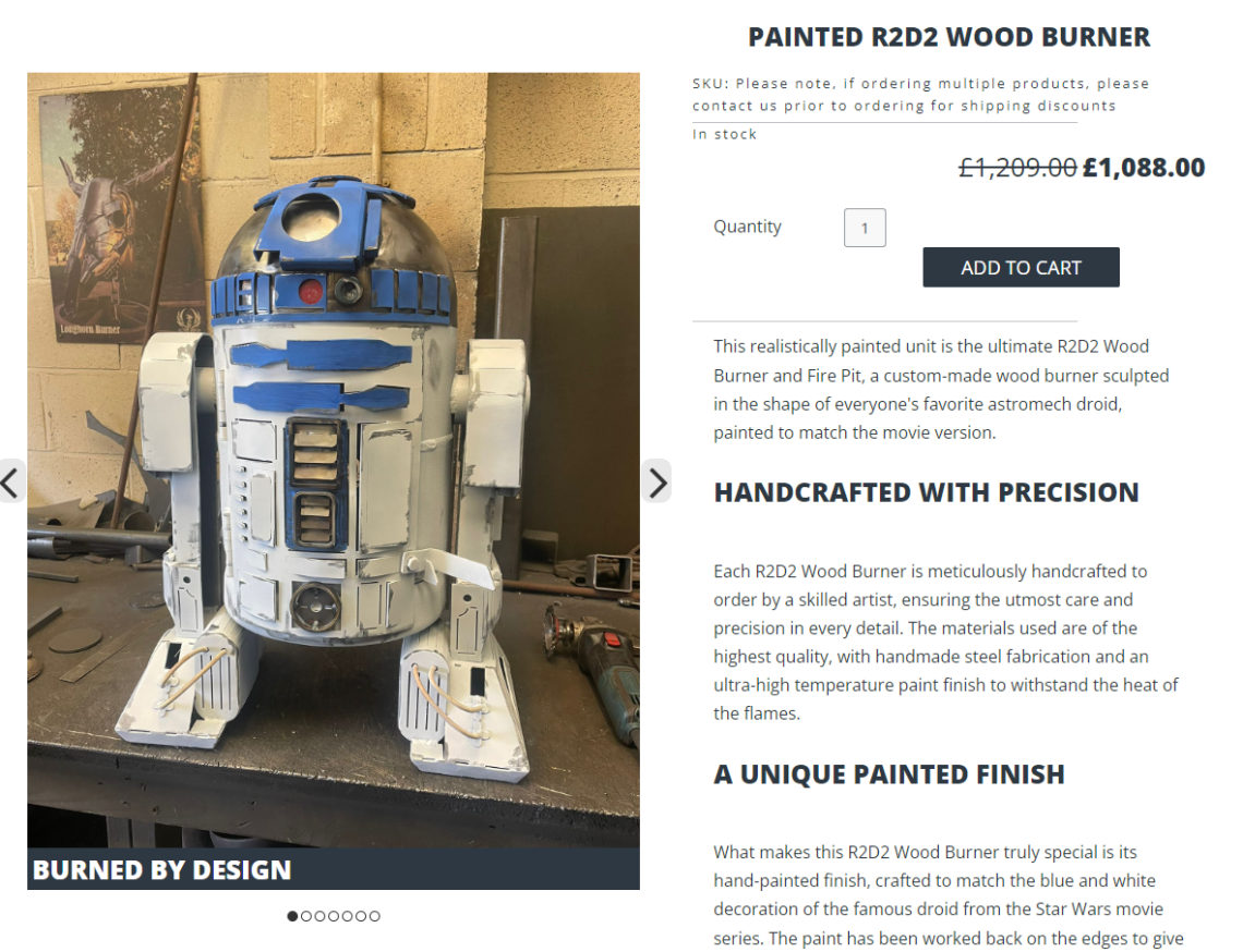 A screenshot from the Burned by Design website showing R2D2 from Star Wars