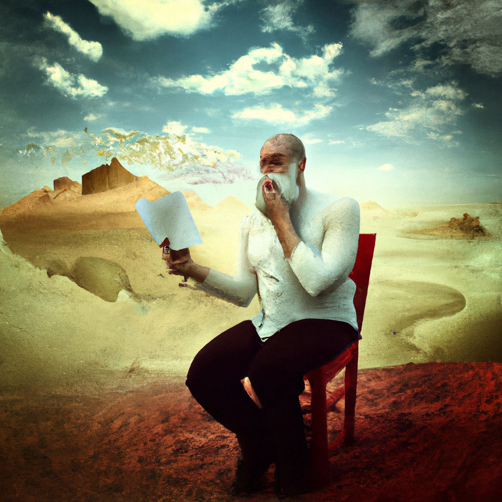 A man sits on a chair in a desert reading a book, in an AI generated image