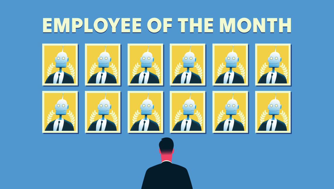 A man looks at a wall of Robot portraits beneath an Employee of the Month sign