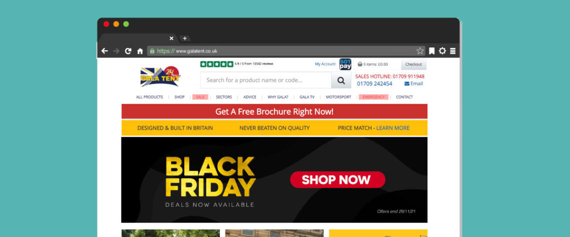 A screen grab of the Gala Tent website with Black Friday promotional Banner